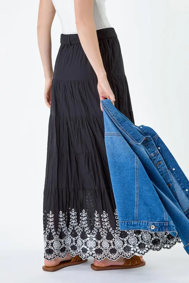 Women Black Cotton Broderie A Line Tiered Maxi Skirt Roman Skirts