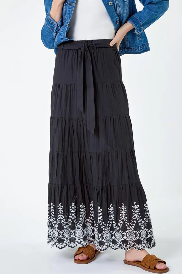 Women Black Cotton Broderie A Line Tiered Maxi Skirt Roman Skirts