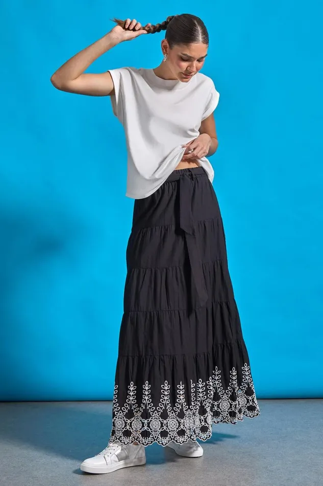 Women Black Cotton Broderie A Line Tiered Maxi Skirt Roman Skirts