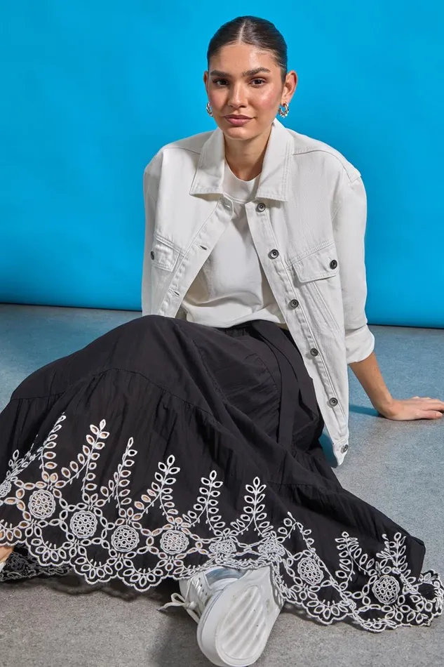 Women Black Cotton Broderie A Line Tiered Maxi Skirt Roman Skirts