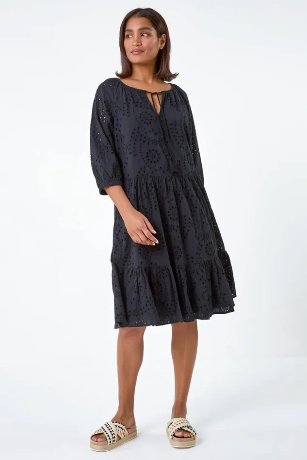 Women Black Cotton Broderie Tiered Smock Dress Roman Dresses