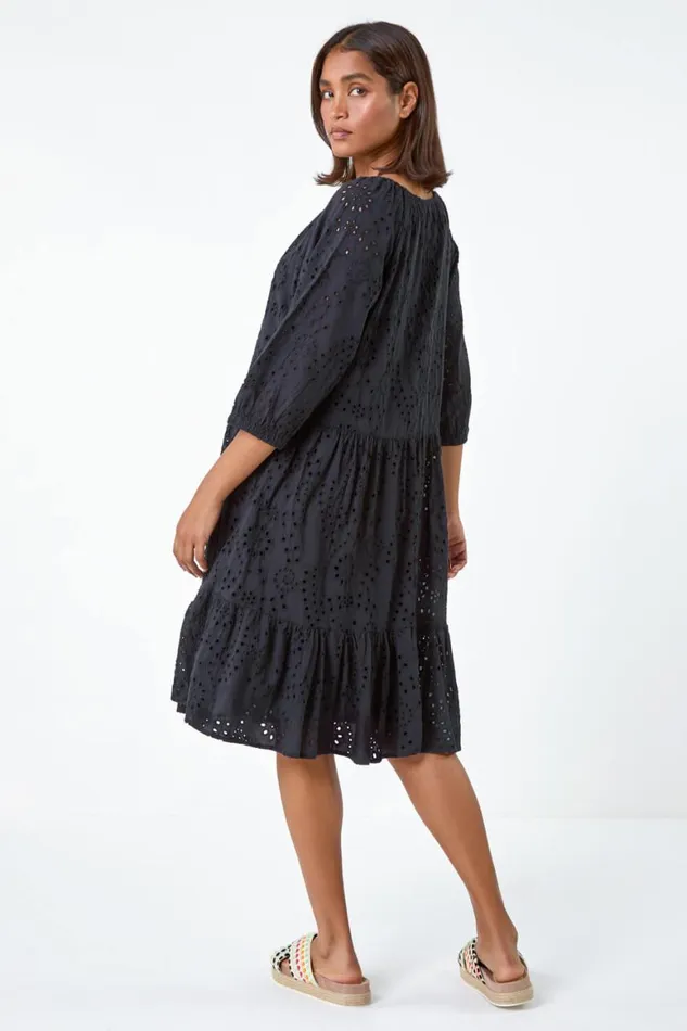 Women Black Cotton Broderie Tiered Smock Dress Roman Dresses