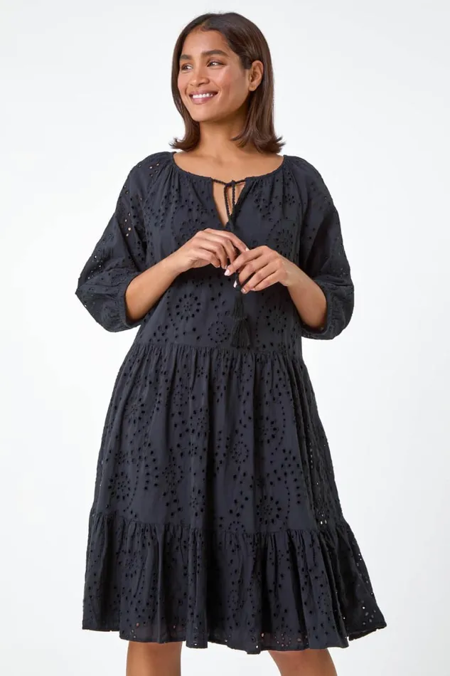 Women Black Cotton Broderie Tiered Smock Dress Roman Dresses