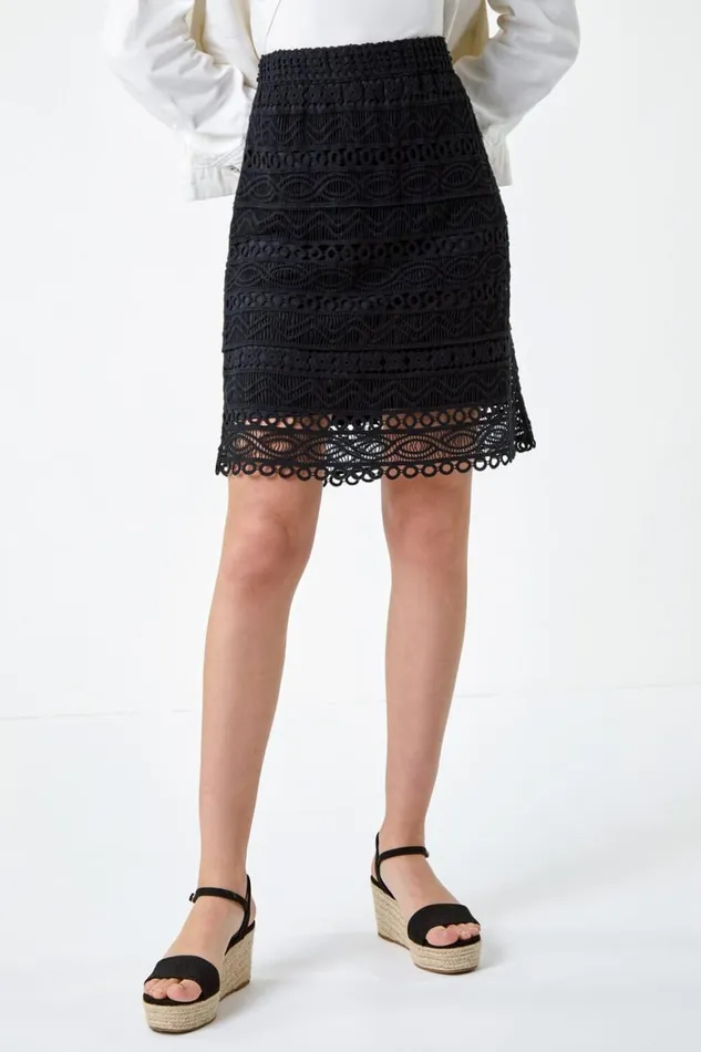 Women Black Cotton Crochet Overlay Skirt Roman Skirts