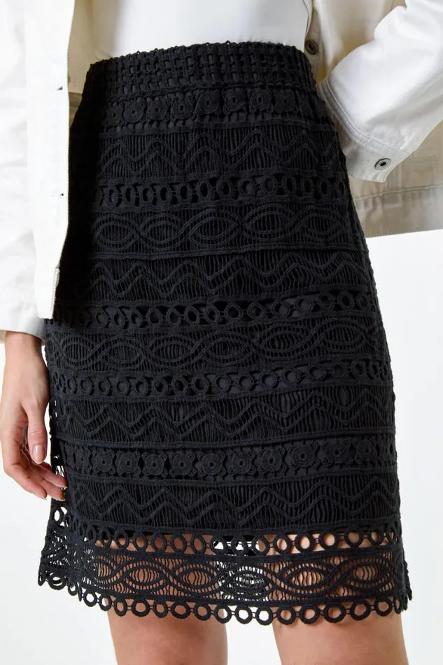 Women Black Cotton Crochet Overlay Skirt Roman Skirts