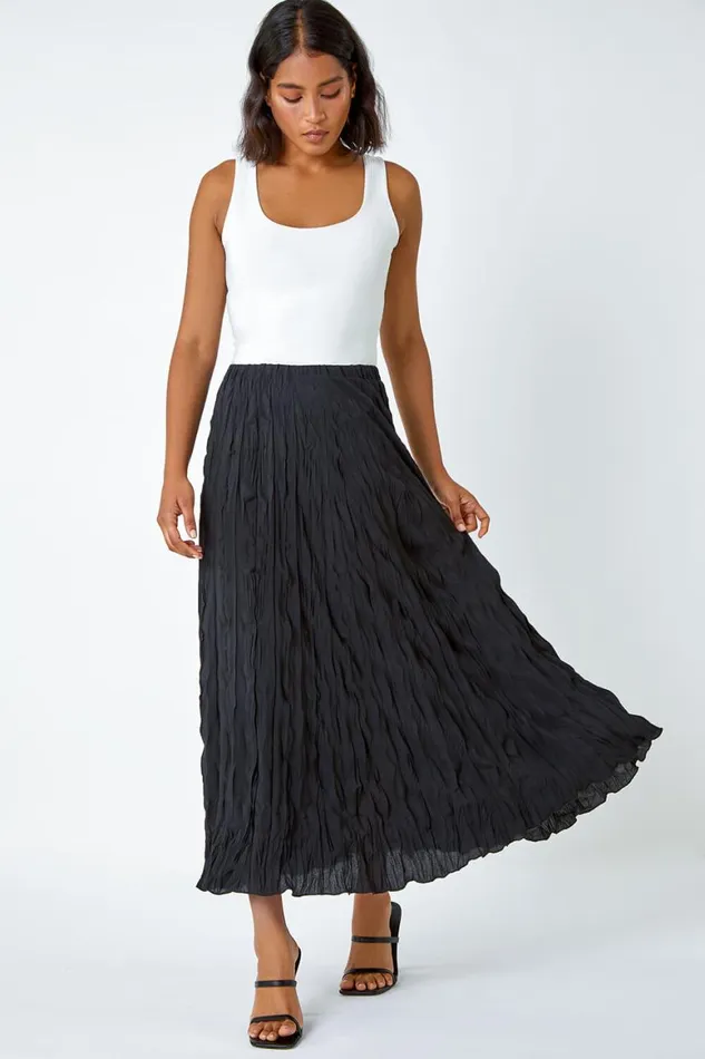 Women Black Crinkle Textured Elastic Waist A Line Midi Skirt Roman Skirts