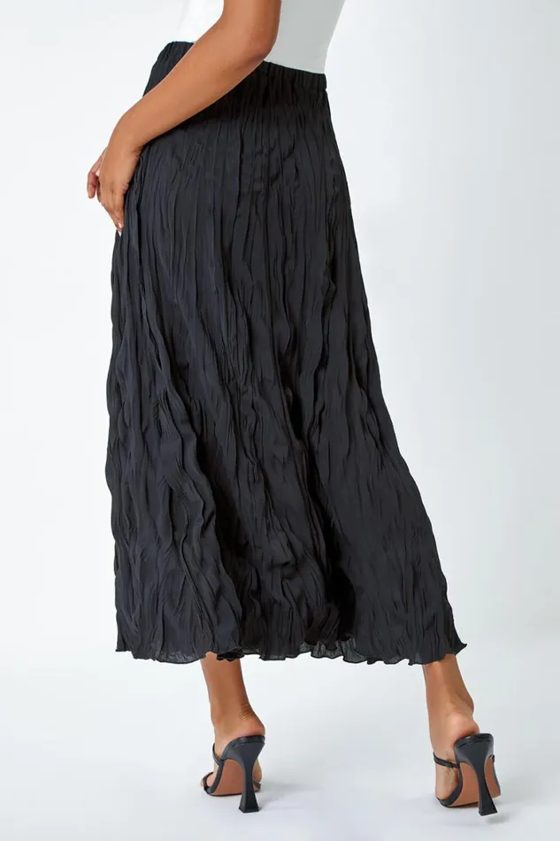 Women Black Crinkle Textured Elastic Waist A Line Midi Skirt Roman Skirts