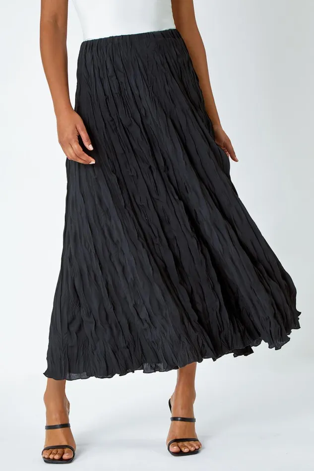 Women Black Crinkle Textured Elastic Waist A Line Midi Skirt Roman Skirts