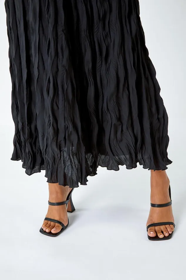 Women Black Crinkle Textured Elastic Waist A Line Midi Skirt Roman Skirts