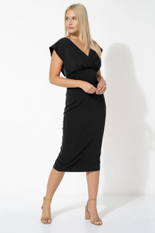 Women Black Cross Front Midi Dress Roman Dresses