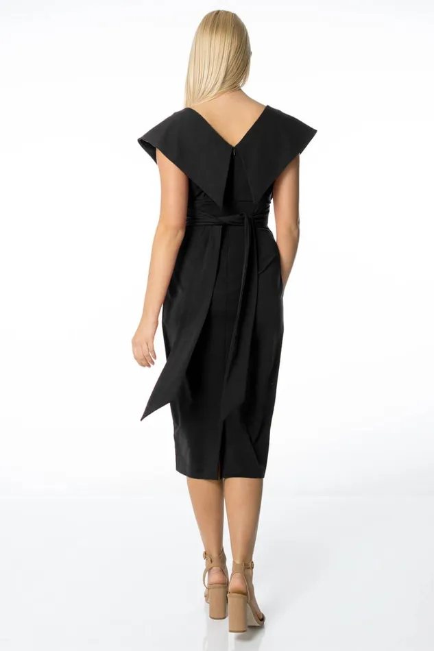 Women Black Cross Front Midi Dress Roman Dresses
