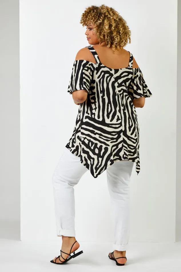 Women Black Curve Abstract Animal Print Cold Shoulder Top Roman Tops