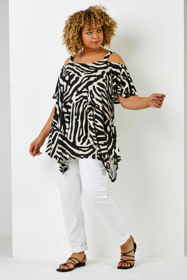 Women Black Curve Abstract Animal Print Cold Shoulder Top Roman Tops