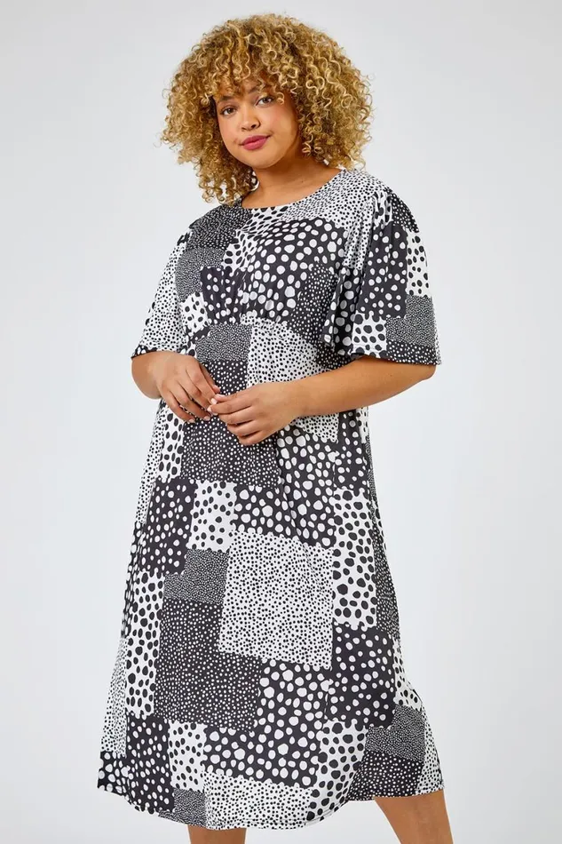 Women Black Curve Abstract Spot Print Midi Dress Roman Dresses