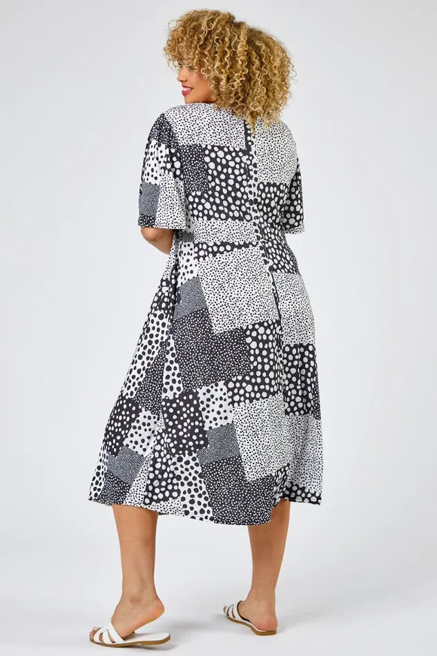 Women Black Curve Abstract Spot Print Midi Dress Roman Dresses
