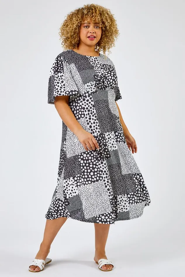 Women Black Curve Abstract Spot Print Midi Dress Roman Dresses