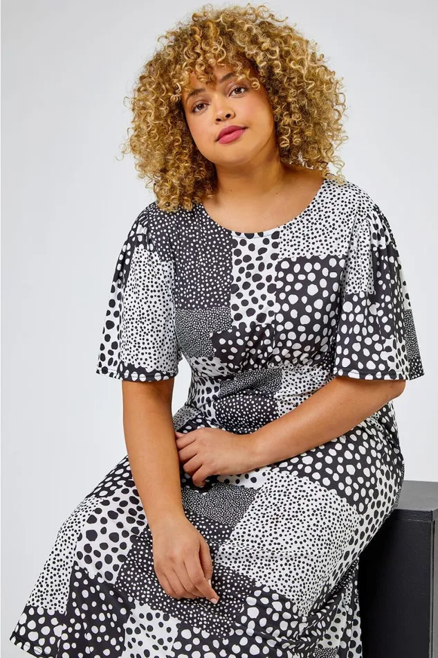 Women Black Curve Abstract Spot Print Midi Dress Roman Dresses