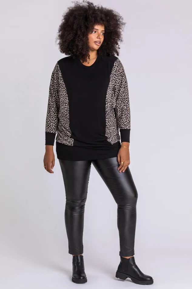 Women Black Curve Animal Print Long Sleeve Top Roman Tops