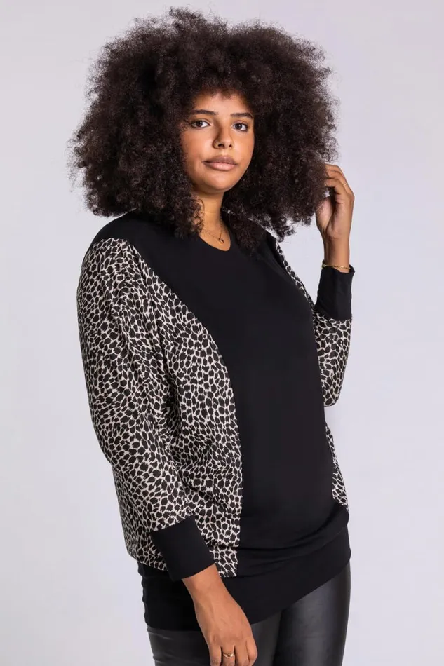 Women Black Curve Animal Print Long Sleeve Top Roman Tops