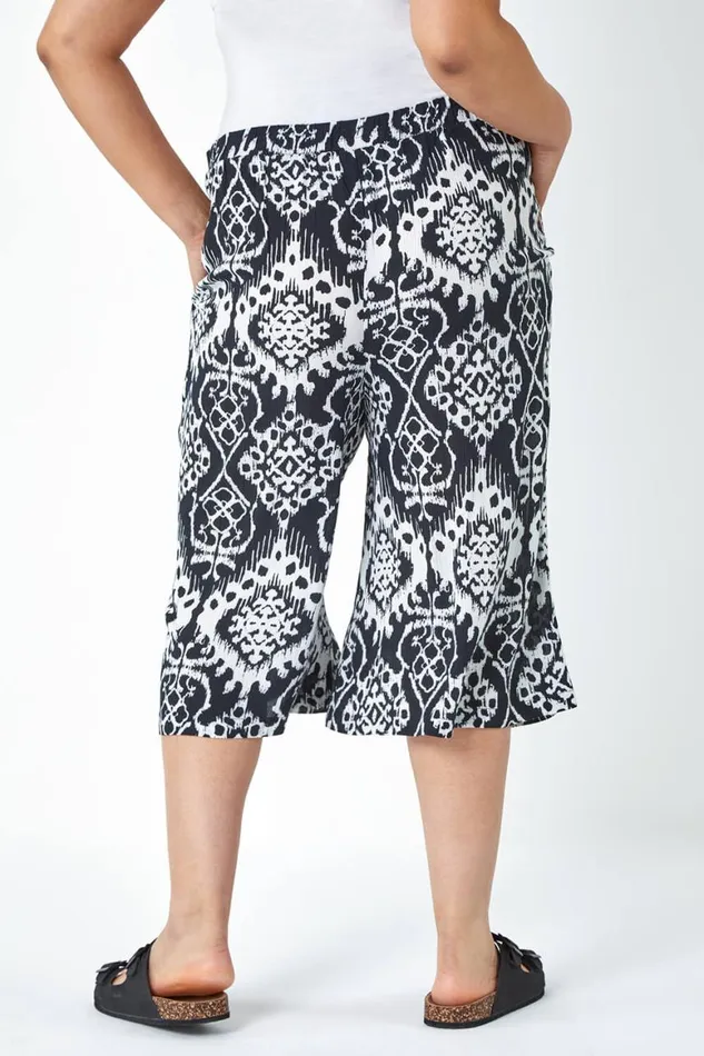 Women Black Curve Aztec Print Crinkle Cropped Culottes Roman Trousers