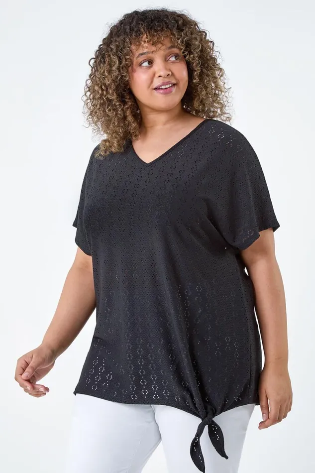 Women Black Curve Broderie Stretch Tie Detail Top Roman Tops