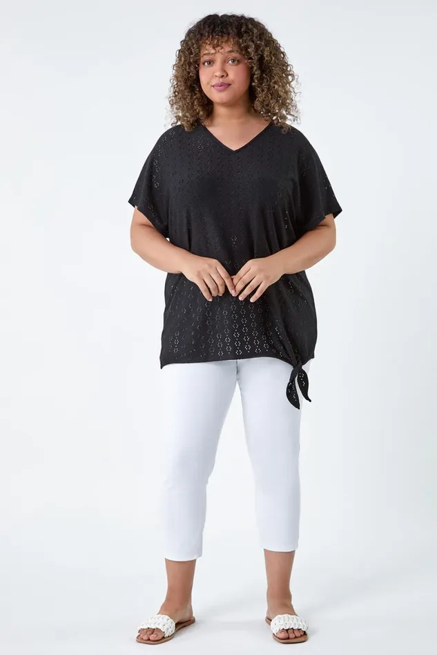 Women Black Curve Broderie Stretch Tie Detail Top Roman Tops