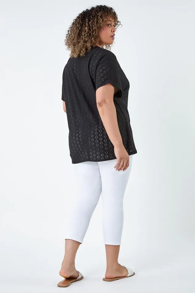 Women Black Curve Broderie Stretch Tie Detail Top Roman Tops