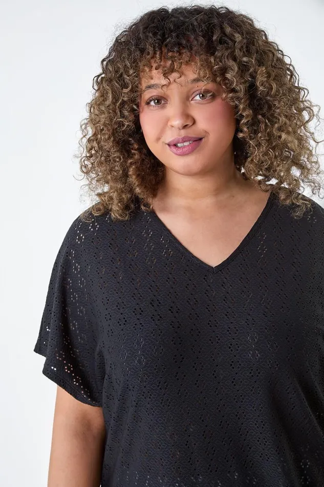 Women Black Curve Broderie Stretch Tie Detail Top Roman Tops
