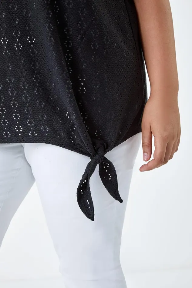 Women Black Curve Broderie Stretch Tie Detail Top Roman Tops