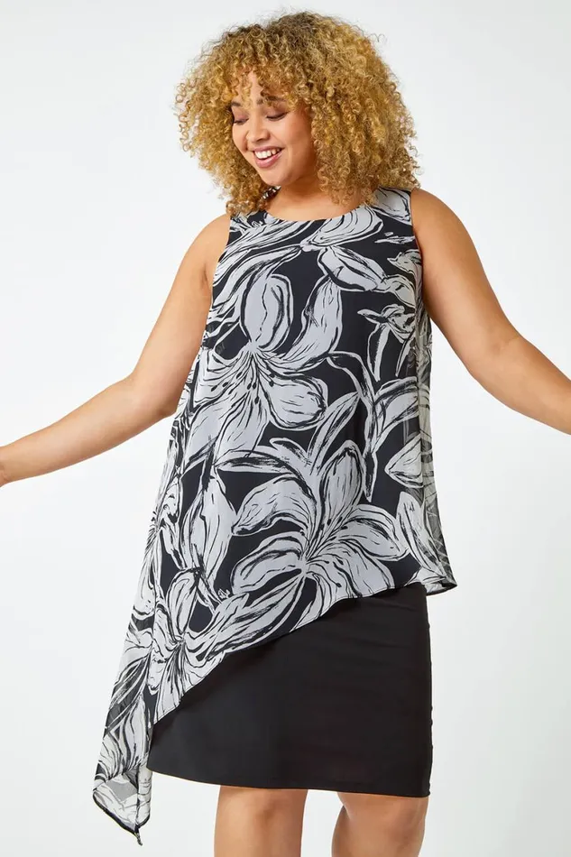 Women Black Curve Contrast Floral Chiffon Overlay Dress Roman Dresses