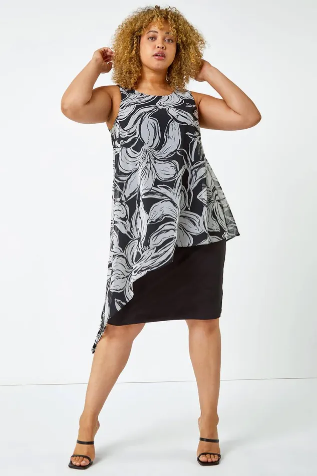 Women Black Curve Contrast Floral Chiffon Overlay Dress Roman Dresses