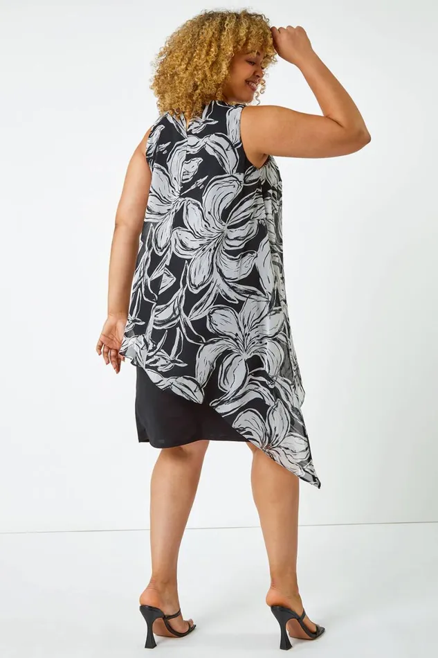 Women Black Curve Contrast Floral Chiffon Overlay Dress Roman Dresses