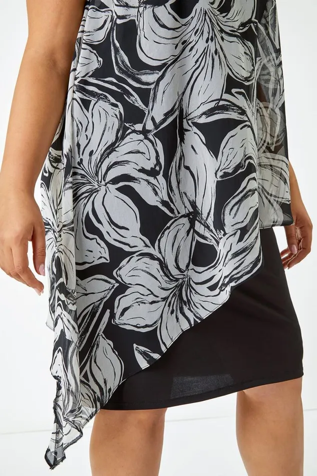 Women Black Curve Contrast Floral Chiffon Overlay Dress Roman Dresses