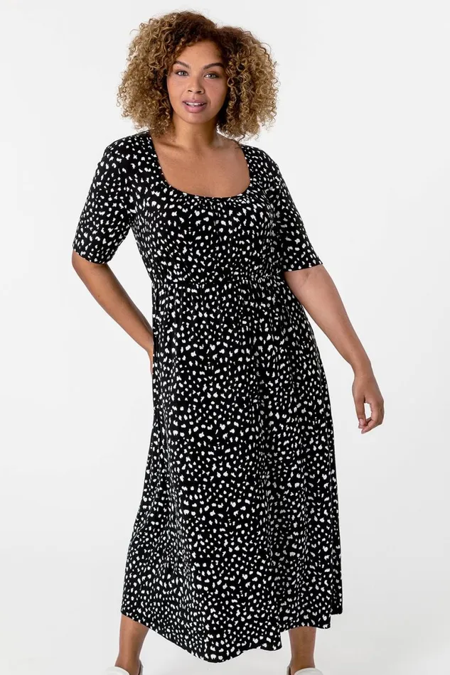 Women Black Curve Ditsy Spot Print Midi Dress Roman Dresses
