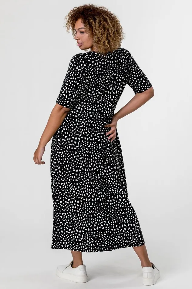 Women Black Curve Ditsy Spot Print Midi Dress Roman Dresses