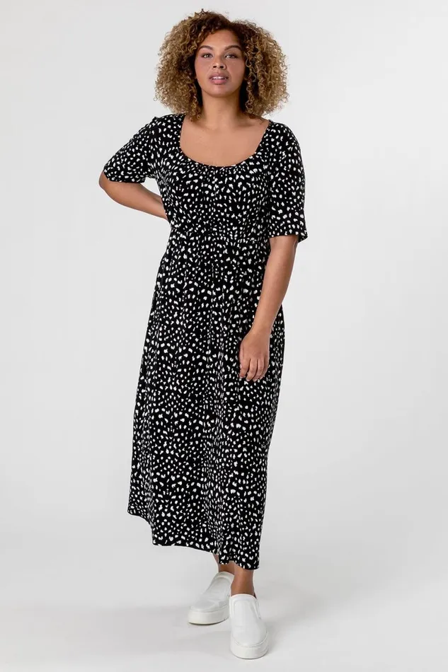 Women Black Curve Ditsy Spot Print Midi Dress Roman Dresses