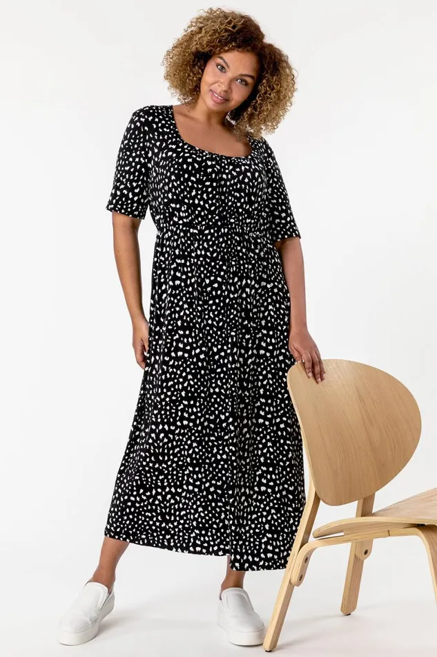 Women Black Curve Ditsy Spot Print Midi Dress Roman Dresses