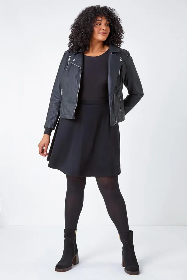Women Black Curve Elastic Waist A Line Skater Skirt Roman Skirts