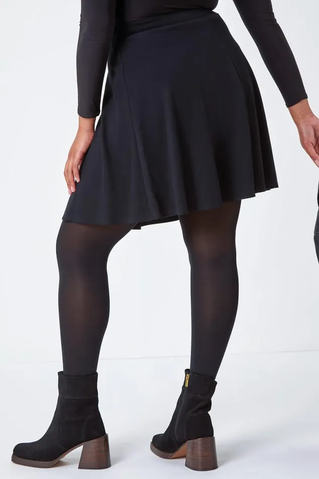 Women Black Curve Elastic Waist A Line Skater Skirt Roman Skirts