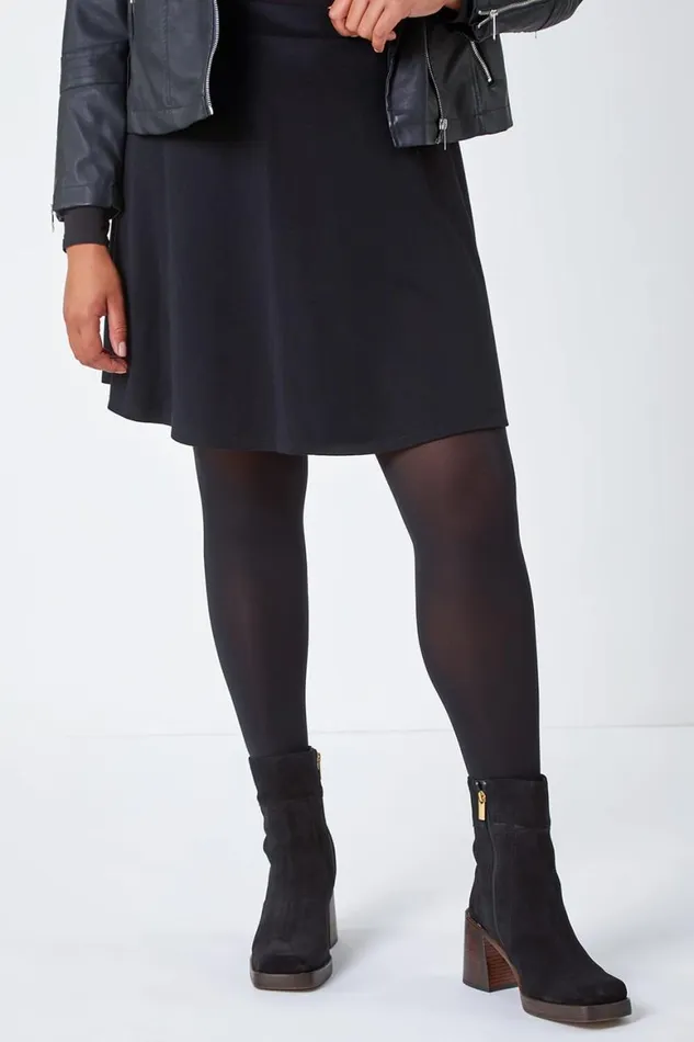 Women Black Curve Elastic Waist A Line Skater Skirt Roman Skirts
