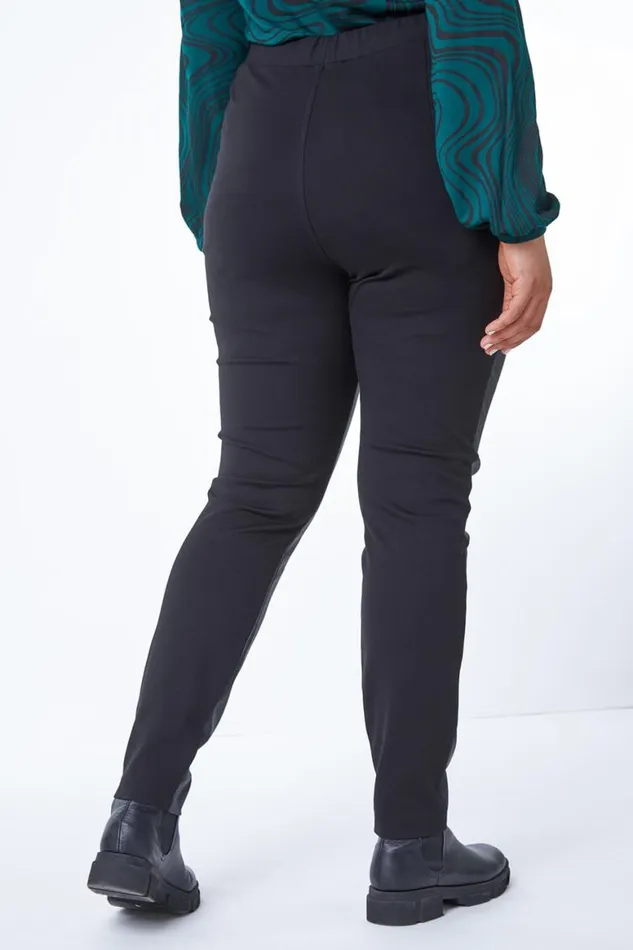Women Black Curve Faux Leather Panel Leggings Roman Trousers