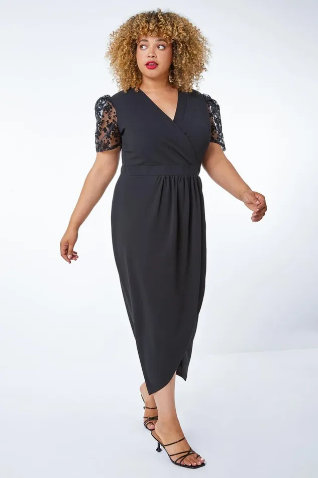 Women Black Curve Floral Sheer Sleeve Wrap Dress Roman Dresses