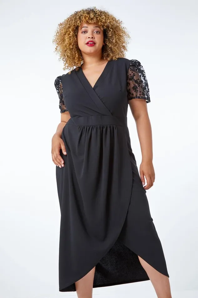 Women Black Curve Floral Sheer Sleeve Wrap Dress Roman Dresses