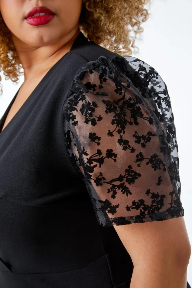Women Black Curve Floral Sheer Sleeve Wrap Dress Roman Dresses
