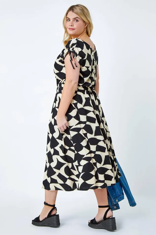 Women Black Curve Geometric Print Ruched Stretch Midi Dress Roman Dresses