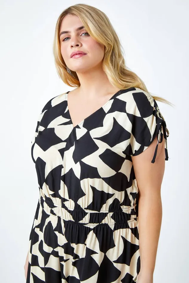 Women Black Curve Geometric Print Ruched Stretch Midi Dress Roman Dresses