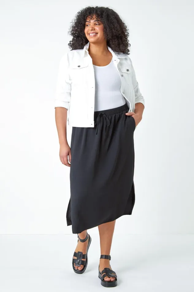 Women Black Curve Linen Look A Line Midi Skirt Roman Skirts