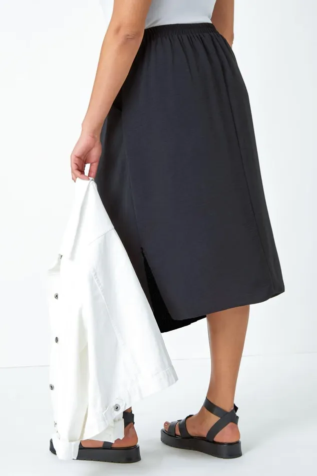 Women Black Curve Linen Look A Line Midi Skirt Roman Skirts