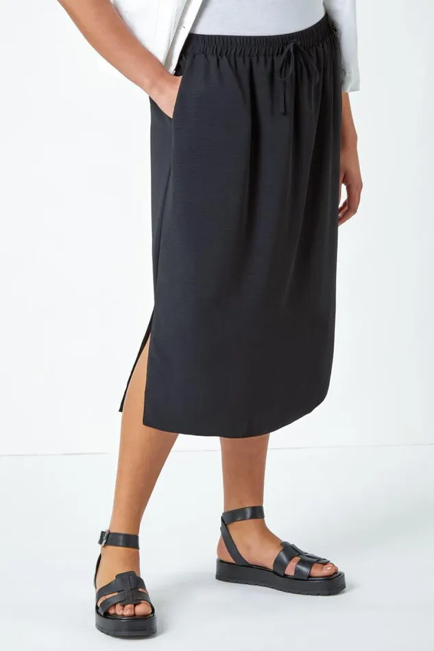 Women Black Curve Linen Look A Line Midi Skirt Roman Skirts