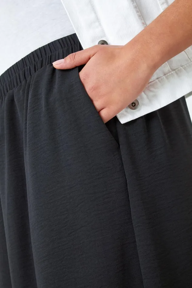 Women Black Curve Linen Look A Line Midi Skirt Roman Skirts